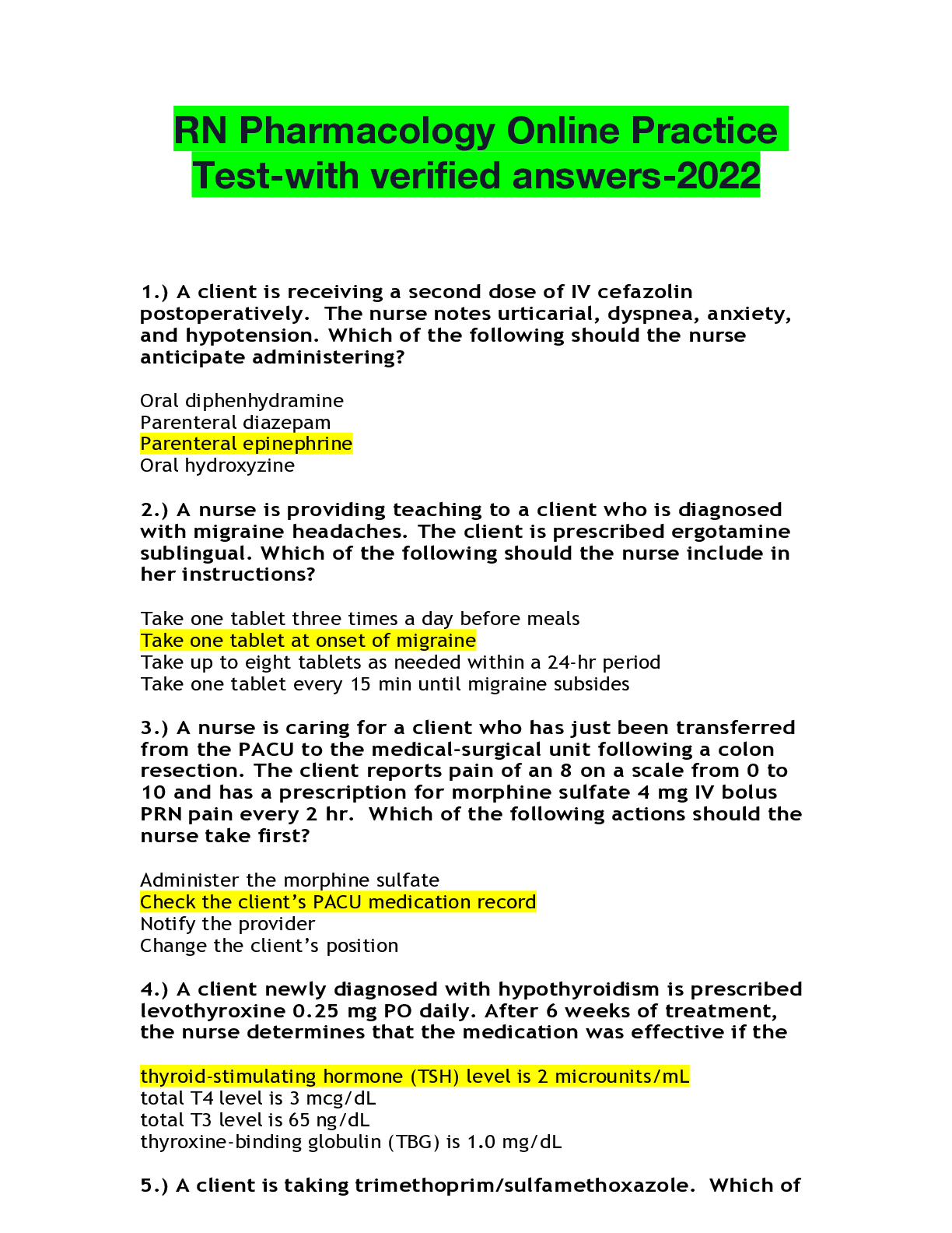 Preview of RN Pharmacology Online Practice Test-with verified answers-2022